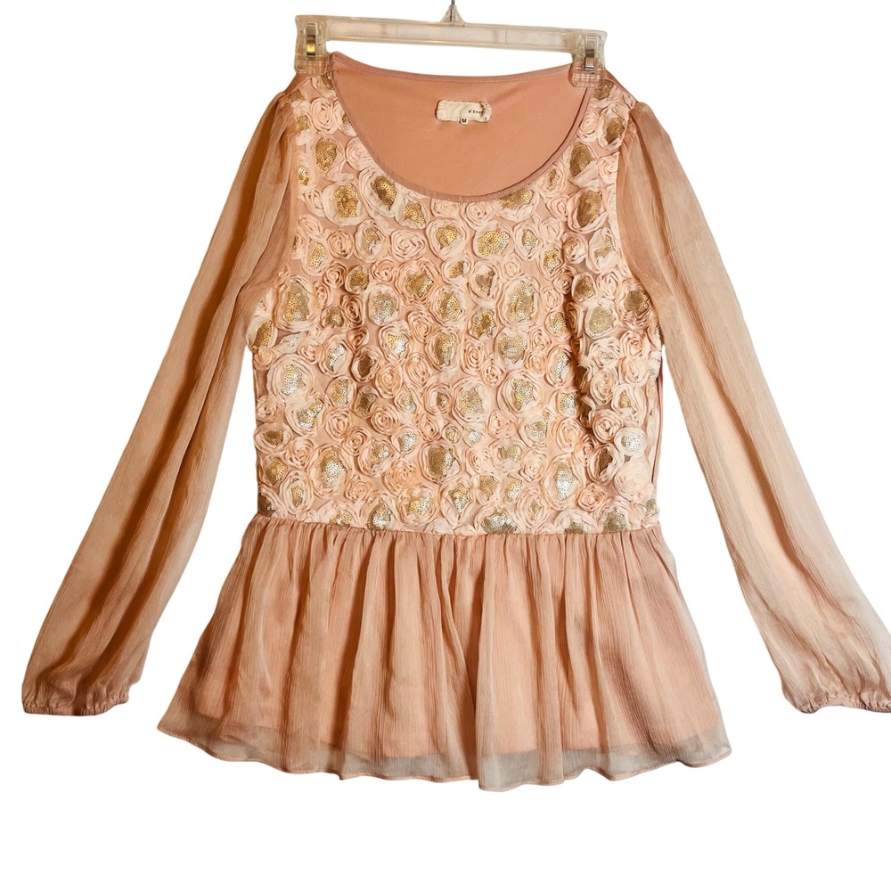 A'reve Peach Rose Sequin Peplum Blouse‎ Sheer Long Sleeve Top Md. Anthropologie